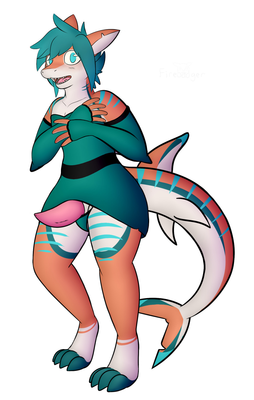 2018 alpha_channel anthro arm_warmers armwear blue_eyes blush clothed clothing colin_(anonymous3355) digital_media_(artwork) erection firebadger fish girly hair hi_res looking_at_viewer male marine open_mouth penis rock shark simple_background solo transparent_background