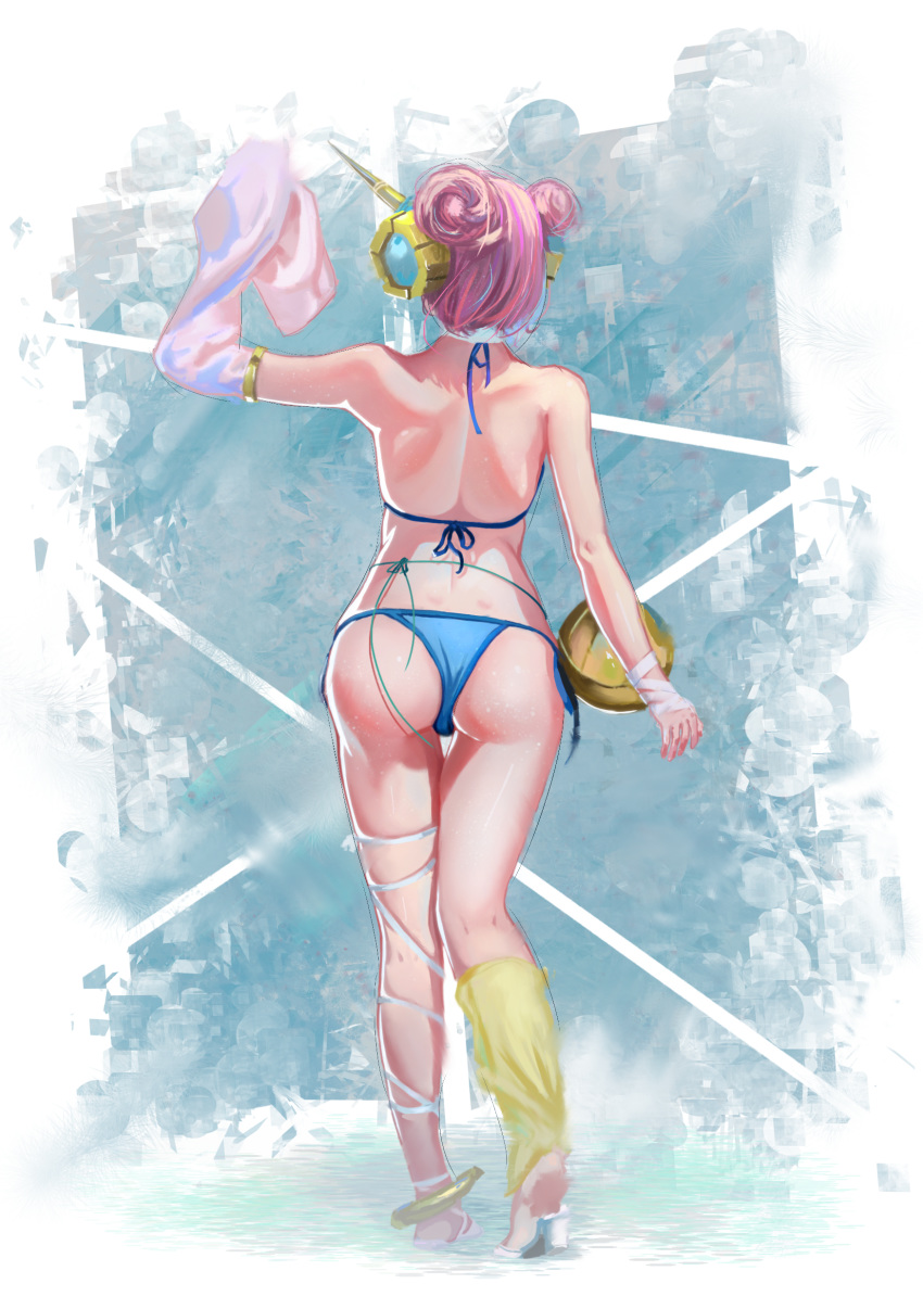 1girl absurdres anklet ass asymmetrical_legwear asymmetrical_sleeves ball bandage barefoot bikini blue_bikini blue_ribbon detached_sleeves dimples_of_venus double_bun fate/grand_order fate_(series) frankenstein's_monster_(fate) frankenstein's_monster_(swimsuit_saber)_(fate) from_behind full_body highres holding holding_ball horn jewelry leg_ribbon long_sleeves pink_hair ribbon short_hair single_sleeve single_thighhigh sleeves_past_fingers sleeves_past_wrists softwareworker soles solo standing swimsuit thighhighs white_ribbon white_sleeves yellow_legwear