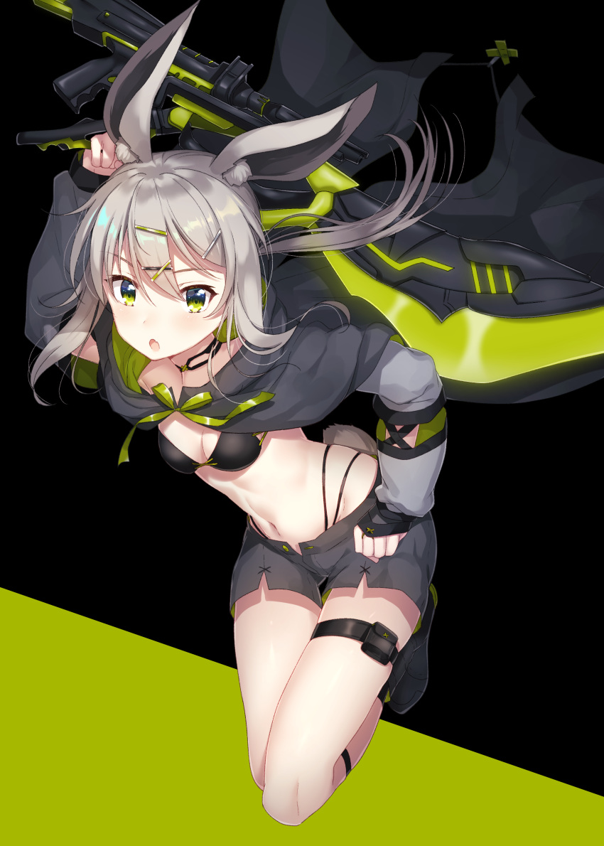 1girl :o absurdres animal_ears armpit_peek bangs black_bra black_cape black_choker black_footwear black_shorts bra breasts bunny_ears bunny_tail cape choker cleavage fang full_body gluteal_fold green_eyes groin gun hair_ornament hairclip hand_up highleg highres holding holding_sword holding_weapon ichiren_namiro leaning_forward legs_up long_hair looking_at_viewer navel open_fly open_mouth original shoes short_shorts shorts silver_hair small_breasts solo stomach sword tail thigh_strap thighs underwear weapon x_hair_ornament