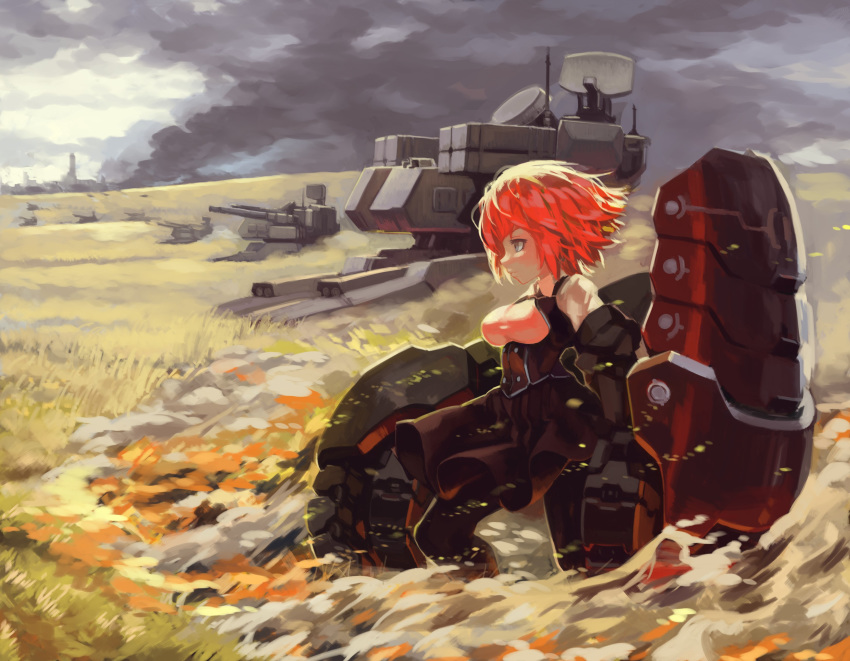 1girl absurdres black_dress breasts character_request cloud cloudy_sky copyright_request dress field fire from_side gauntlets grey_eyes highres looking_to_the_side mecha outdoors puribate_(helgoland) red_hair short_hair sky