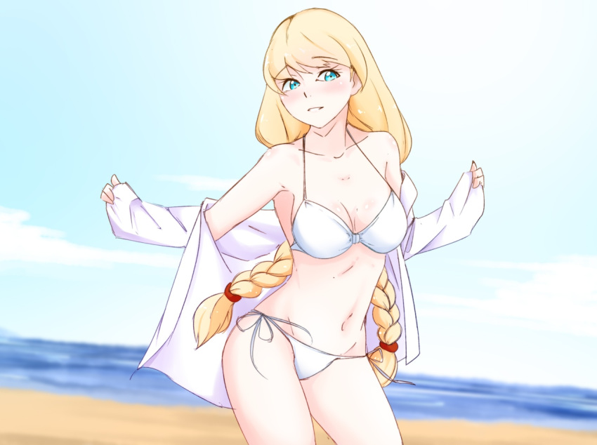 1girl beach bikini blonde_hair blue_eyes blush braid breasts collarbone day deredereday everlasting_summer eyebrows_visible_through_hair hair_ribbon long_hair medium_breasts navel ocean open_mouth outdoors ribbon sand shirt slavya-chan smile solo sunlight swimsuit twin_braids very_long_hair white_bikini