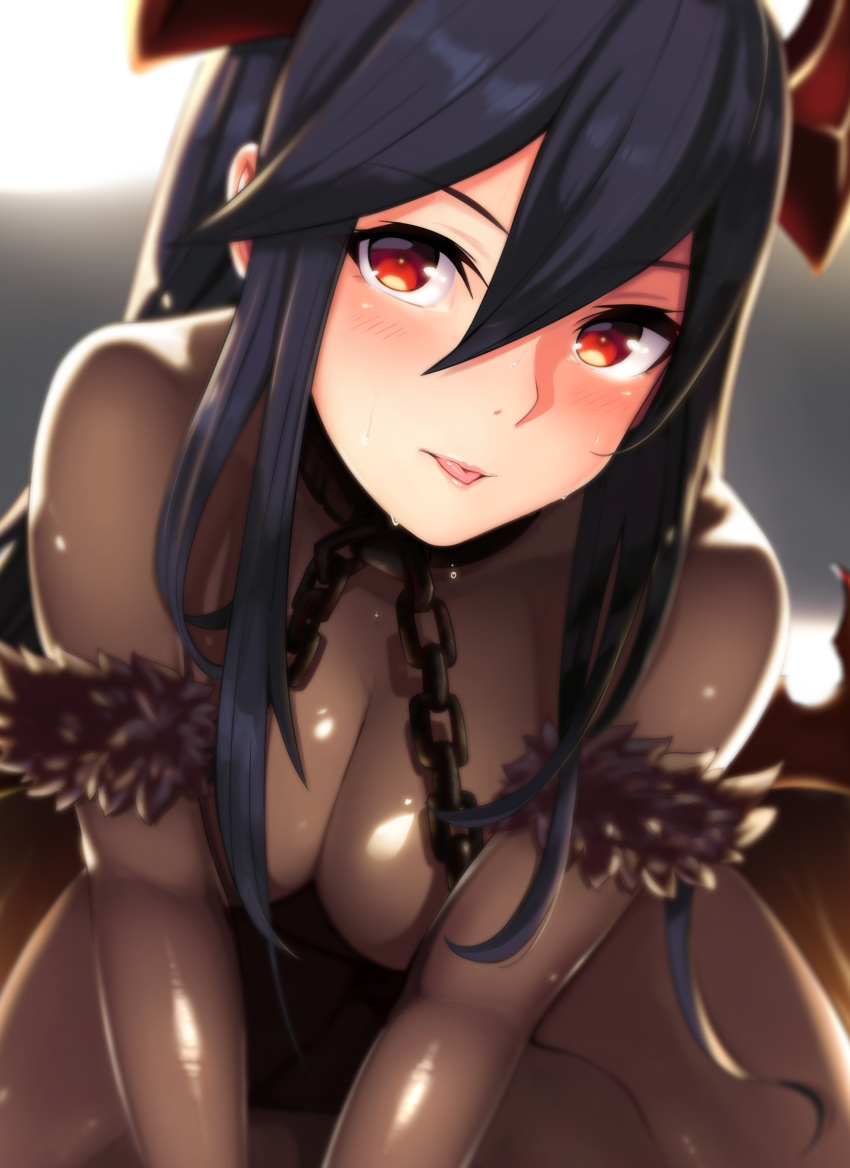 1girl :p absurdres all_fours backlighting black_bodysuit black_hair blurry blush bodysuit breasts brown_dust chains cleavage collar depth_of_field fur_trim hair_between_eyes head_tilt highres horns large_breasts levia long_hair looking_at_viewer parted_lips red_eyes smile solo spiz tongue tongue_out very_long_hair
