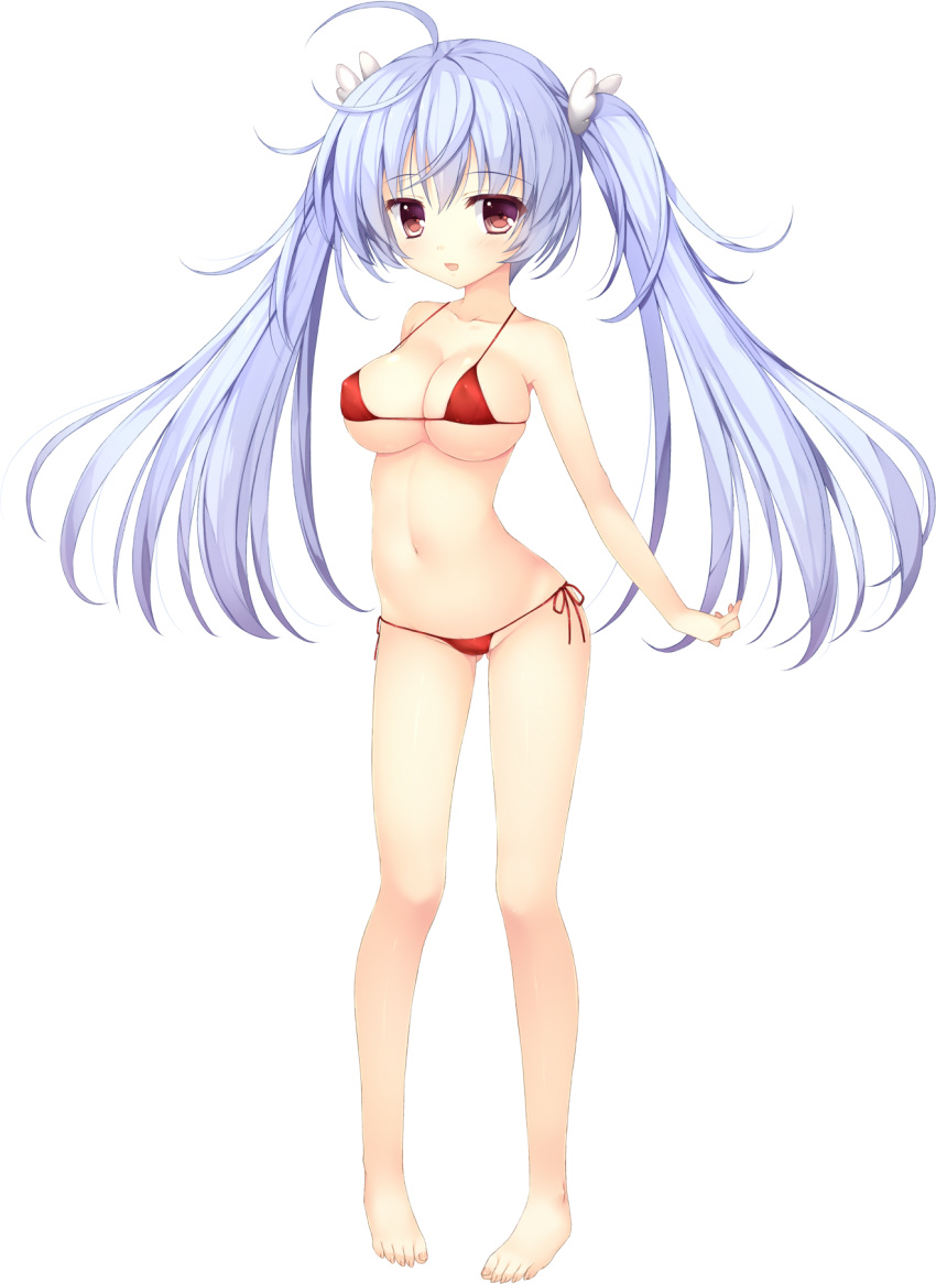 1girl barefoot bikini breasts erect_nipples full_body haruoto_alice_gram highres kanzaki_erisa large_breasts light_blue_hair long_hair mitha navel official_art open_mouth red_bikini red_eyes side-tie_bikini solo swimsuit transparent_background twintails