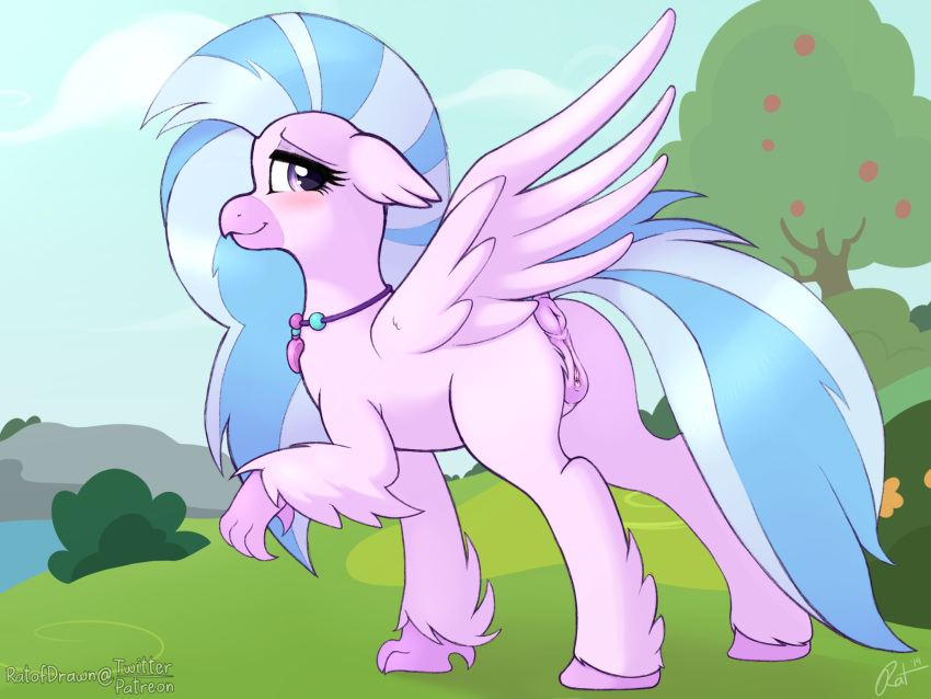 2019 4:3 anus avian blush digital_media_(artwork) eyelashes feathered_wings feathers female feral friendship_is_magic hair hi_res hippogryph jewelry looking_at_viewer multicolored_hair multicolored_tail my_little_pony necklace outside puffy_anus purple_eyes pussy ratofdrawn signature silverstream_(mlp) smile solo tree two_tone_hair wings