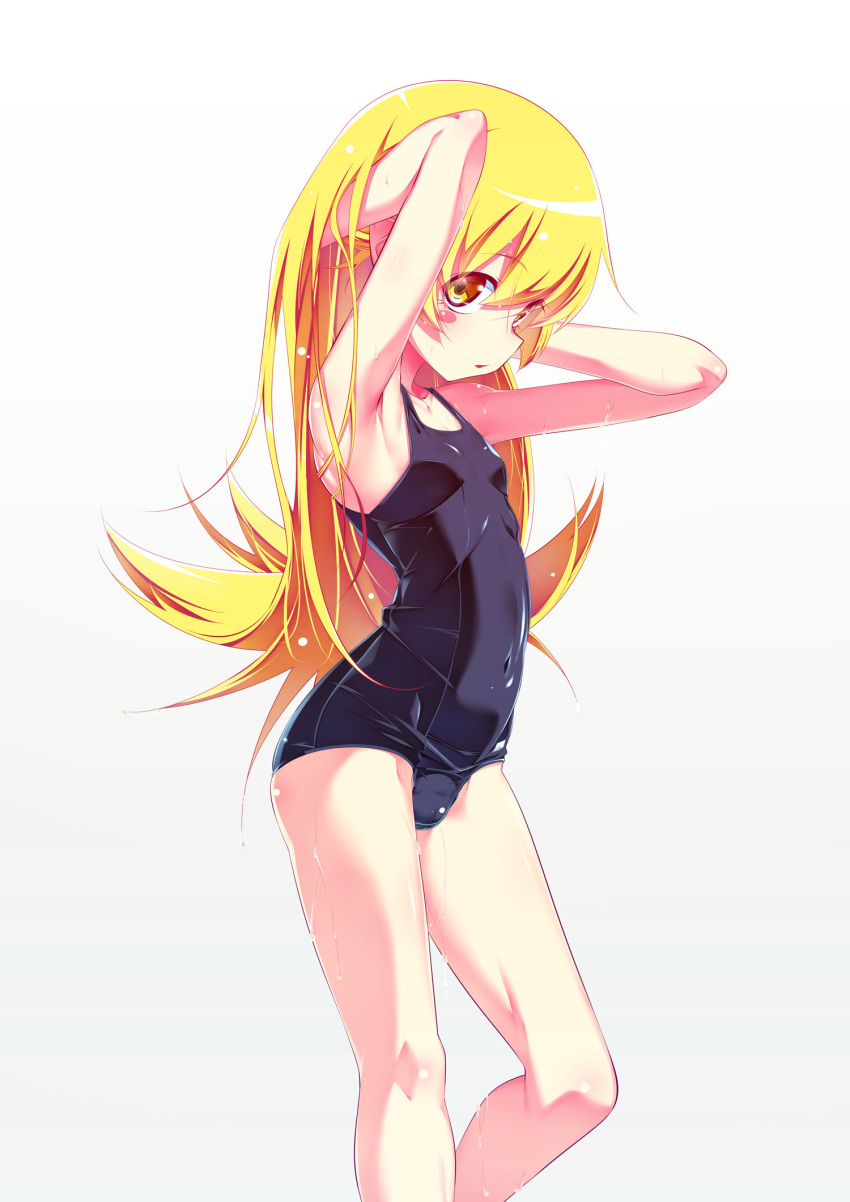 1girl armpits arms_up blonde_hair blue_swimsuit blush_stickers breasts commentary_request covered_navel cowboy_shot eyebrows_visible_through_hair gradient gradient_background hand_in_hair highres long_hair looking_at_viewer monogatari_(series) old_school_swimsuit one-piece_swimsuit oshino_shinobu school_swimsuit shiny shiny_clothes shiny_hair shiny_skin simple_background small_breasts solo swimsuit tanabe_kyou wet white_background yellow_eyes