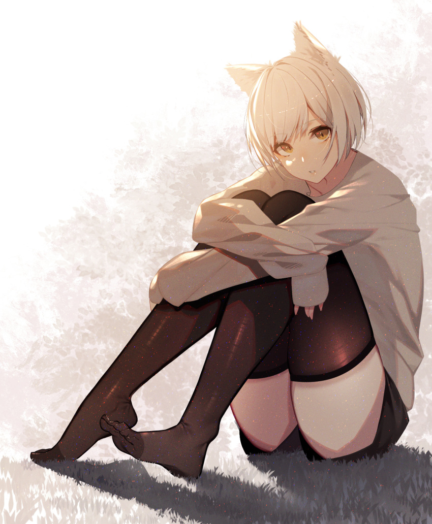 1girl animal_ears bangs black_legwear black_shorts cat_ears cat_girl commentary_request feet full_body gradient gradient_background grey_background grey_sweater highres kisui_(user_wswf3235) knees_up long_sleeves looking_at_viewer original parted_lips short_hair short_shorts shorts silver_hair sitting sleeves_past_wrists solo sweater swept_bangs thighhighs toes yellow_eyes