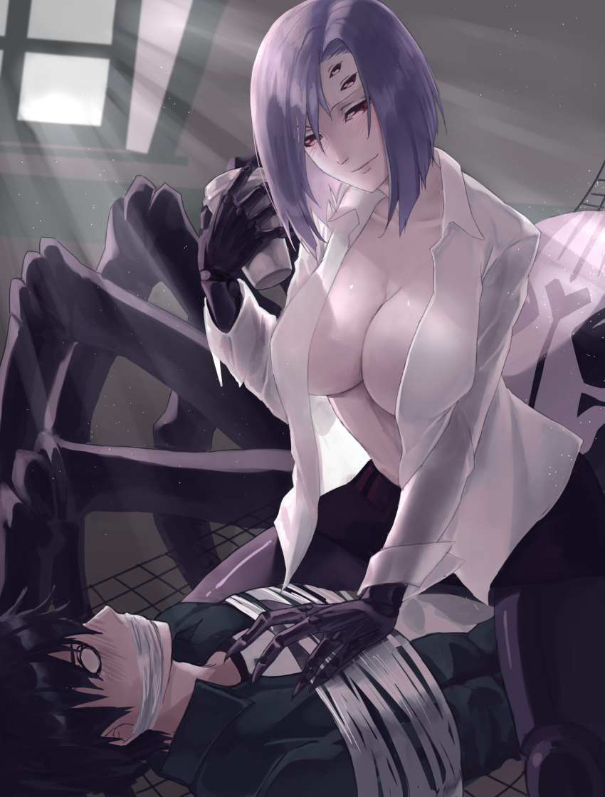 1boy 1girl arachne black_hair blank_eyes blush bound breasts carapace claws cleavage collarbone commentary cup disposable_cup dress_shirt dust_particles extra_eyes gagged hetero highres indoors insect_girl kurusu_kimihito large_breasts light_rays light_smile long_sleeves looking_at_another medium_hair monster_girl monster_musume_no_iru_nichijou open_clothes open_shirt rachnera_arachnera red_eyes shirt silver_hair spider_girl straddling sunbeam sunlight tied_up white_shirt window zakirsiz