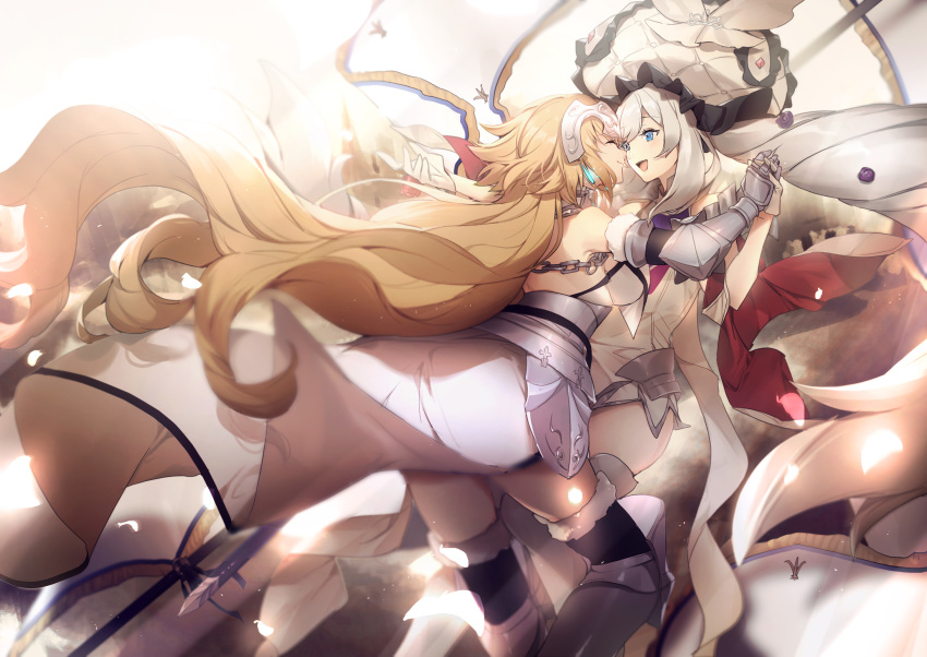 2girls armor armored_dress blonde_hair blue_eyes chains dress fate/grand_order fate_(series) faulds hand_holding headpiece highres jeanne_d'arc_(fate) jeanne_d'arc_(fate)_(all) long_hair marie_antoinette_(fate/grand_order) multiple_girls no-kan open_mouth plackart silver_hair sleeveless sleeveless_dress thighhighs twintails very_long_hair white_dress white_headwear