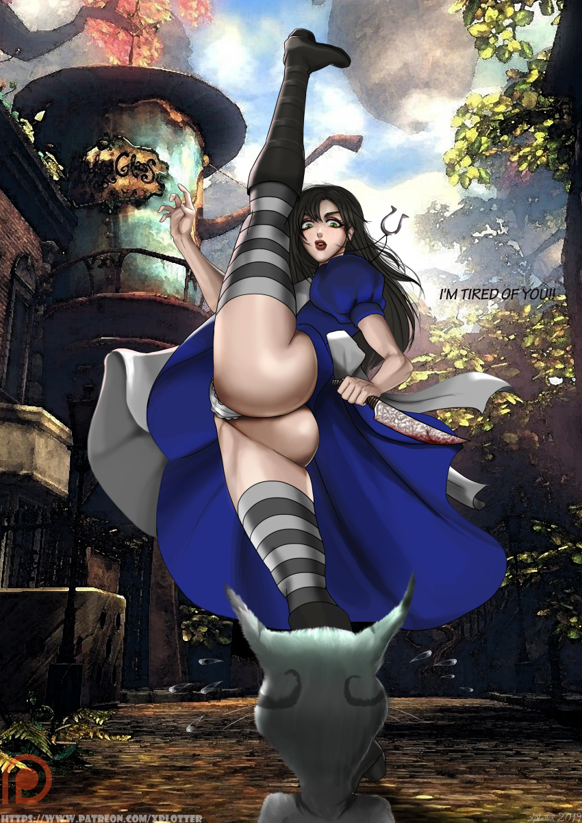 1girl absurdres alice:_madness_returns alice_(wonderland) alice_in_wonderland alice_liddell american_mcgee's_alice apron ass axe_kick brown_hair cat cheshire_cat dress green_eyes highres jewelry knife long_hair looking_down necklace open_mouth shiny shiny_hair shiny_skin striped striped_legwear thighhighs thong xplotter