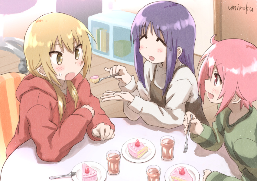 3girls :d :o ^_^ artist_name bangs blonde_hair blush brown_dress brown_eyes cake closed_eyes commentary_request cup door dress drink drinking_glass eyebrows_visible_through_hair eyes_closed feeding food fork green_shirt hair_between_eyes hair_over_shoulder hinata_yukari holding holding_fork hood hood_down hoodie ichii_yui indoors long_sleeves low_twintails multiple_girls nonohara_yuzuko open_mouth pink_hair plate purple_hair red_hoodie shirt signature sleeveless sleeveless_dress slice_of_cake smile sweat table twintails umiroku v-shaped_eyebrows white_shirt wooden_floor yuyushiki