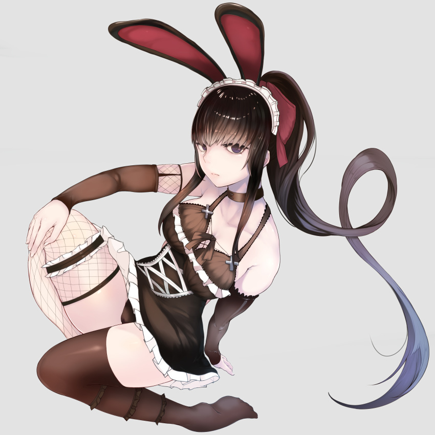 1girl absurdres animal_ears arm_behind_back bangs bare_shoulders black_choker black_hair black_legwear black_panties black_ribbon breasts bunny_ears choker closed_mouth collarbone cross-laced_clothes detached_sleeves fake_animal_ears fingernails fishnet_legwear fishnets frills ginji74 hair_ribbon highres long_hair long_sleeves looking_at_viewer maid_headdress medium_breasts mismatched_legwear narberal_gamma overlord_(maruyama) panties pink_ribbon ponytail purple_eyes ribbon sidelocks solo thigh_strap underwear very_long_hair