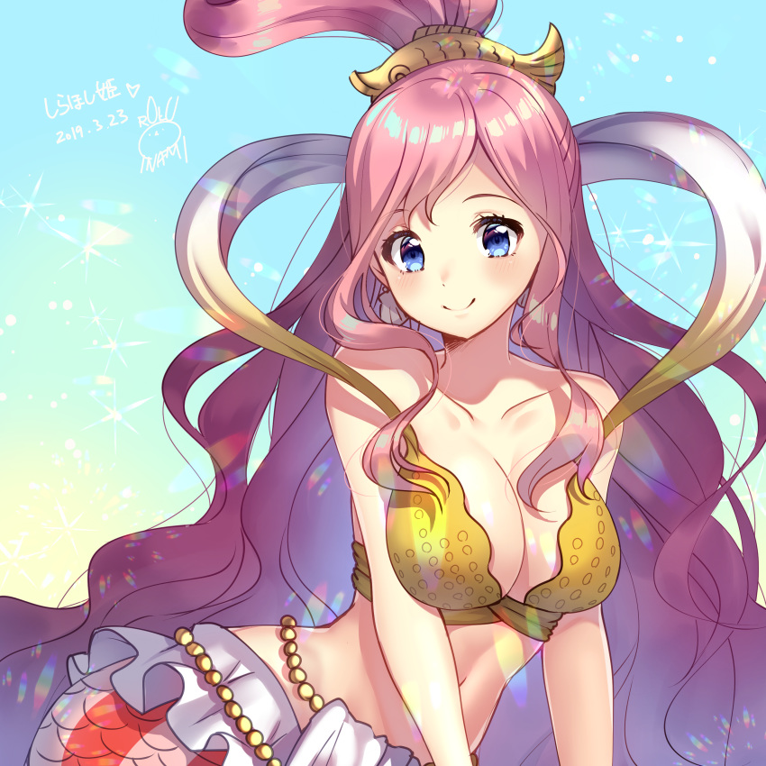 1girl absurdres bangs bare_shoulders bikini_top blue_eyes blush breasts cleavage closed_mouth collarbone dated eyebrows_visible_through_hair fish_hair_ornament hair_ornament highres ichiren_namiro large_breasts long_hair mermaid monster_girl navel one_piece pink_hair shirahoshi signature smile solo translation_request very_long_hair wavy_hair yellow_bikini_top