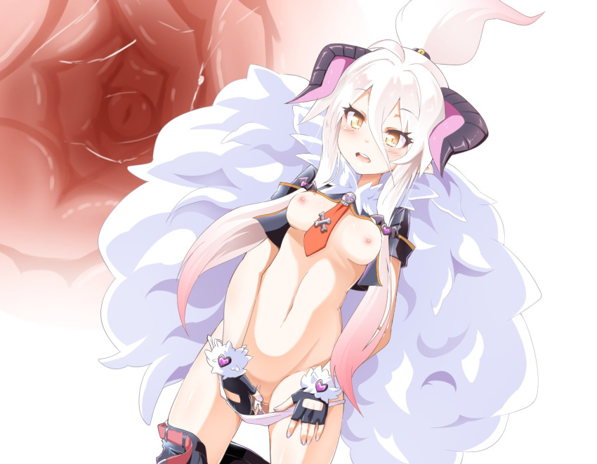 1girl areolae blush breasts fingerless_gloves giantess gloves gradient_hair highres horns long_hair looking_at_viewer medium_breasts multicolored_hair necktie nipples niwaka_potato open_mouth original panties panty_pull pink_hair pussy_peek size_difference solo unbirthing underwear white_hair yellow_eyes