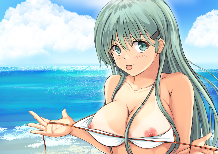 1girl :p alternate_costume aqua_eyes aqua_hair areolae bare_shoulders beach bikini_lift breasts cleavage collarbone commentary_request eyebrows_visible_through_hair hair_ornament hairclip kantai_collection large_breasts lifted_by_self looking_at_viewer nipples outdoors solo suzuya_(kantai_collection) takamaru_(akisora_drawing) tan tanline tongue tongue_out upper_bod