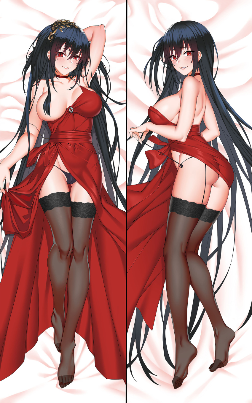 1girl absurdres ahoge arm_behind_head ass azur_lane bangs bare_shoulders black_hair black_legwear black_panties blush breasts choker cleavage cocktail_dress collarbone dress eyebrows_visible_through_hair full_body grin groin hair_between_eyes hair_ornament hair_over_breasts head_tilt highres lace lace-trimmed_legwear large_breasts long_hair looking_at_viewer lying multiple_views on_back on_stomach one_breast_out one_side_up panties red_choker red_dress red_eyes side-tie_panties smile taihou_(forbidden_feast)_(azur_lane) thighhighs underwear very_long_hair zui_ai_shuang_mawei