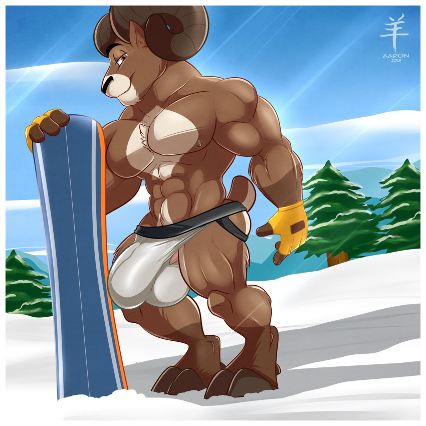 1:1 2018 aaron_(artist) abs anthro backless_gloves biceps bighorn_sheep biped black_eyebrows black_nose blue_sky bovid brown_fur brown_hooves brown_horn brown_nipples brown_tail bulge caprine chest_tuft clothed clothing day detailed_background digital_media_(artwork) easton_green eyebrows fingerless_gloves front_view fur gloves hi_res hooves horn jockstrap looking_at_viewer male mammal multicolored_fur multicolored_tail muscular muscular_male nipples orange_eyes outside pecs sheep short_tail sky small_tail smile snow snowboard solo topless tree tuft two_tone_fur two_tone_tail underwear white_clothing white_fur white_tail white_underwear