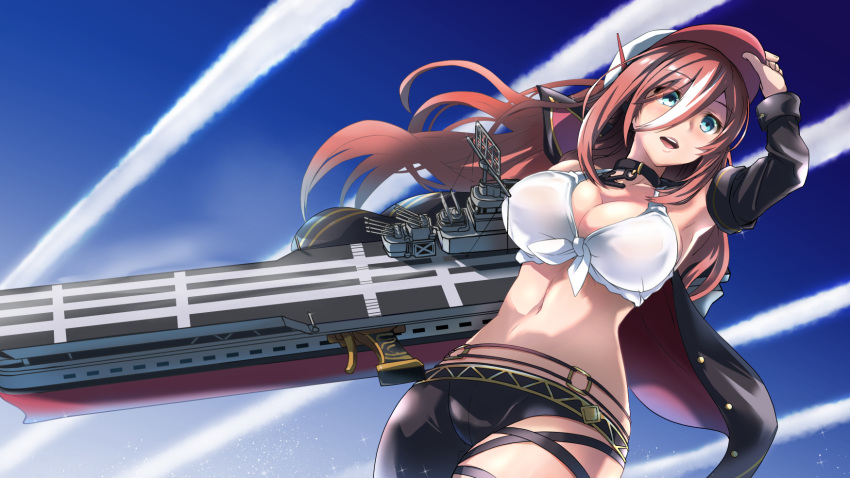 1girl aircraft_carrier anchor armpits artist_request azur_lane bangs baseball_cap belly belt blue_eyes breasts cape cleavage collarbone detached_sleeves front-tie_top hat headgear highres jewelry large_breasts leggings long_hair military military_vehicle mismatched_legwear navel open_mouth pendant ranger_(azur_lane) red_hair ship sidelocks thigh_straps very_long_hair warship watercraft