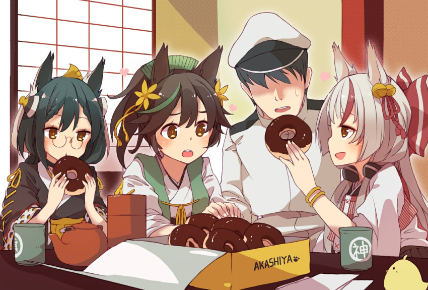 1boy 3girls animal_ears azur_lane bell black_hair chocolate_doughnut commander_(azur_lane) commentary_request cup doughnut eating faceless faceless_male feeding flower food fox_ears glasses green_hair hair_bell hair_flower hair_ornament hair_ribbon hat hatakaze_(azur_lane) heart indoors japanese_clothes kamikaze_(azur_lane) long_hair looking_at_another matsukaze_(azur_lane) military military_hat military_uniform multicolored_hair multiple_girls ozu_warudo pastry_box ponytail remodel_(azur_lane) ribbon round_eyewear short_hair sitting streaked_hair sweatdrop table teacup teapot uniform white_hair window wooden_table yellow_eyes yunomi