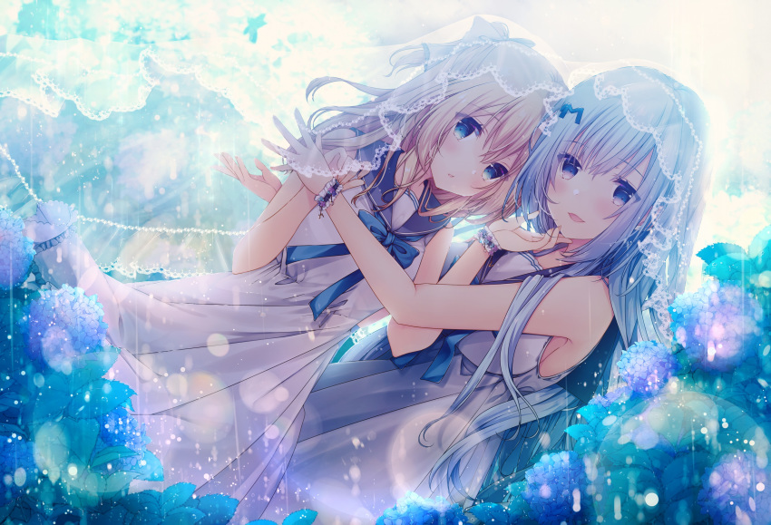 2girls absurdres azu_torako backlighting banned_artist bare_arms blonde_hair blue_eyes blue_hair blush chestnut_mouth cowboy_shot dress dutch_angle emori_el emori_miku emori_miku_project flower hair_ornament hair_ribbon hairclip hand_on_another's_chin highres hydrangea lens_flare long_hair looking_at_viewer multiple_girls open_mouth outdoors parted_lips rain ribbon sailor_collar sailor_dress see-through sleeveless sleeveless_dress smile two_side_up veil wrist_cuffs