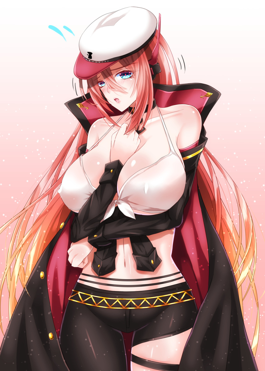 1girl anchor artist_request azur_lane bangs baseball_cap belly blue_eyes blush breasts cape cleavage collarbone crop_top detached_sleeves embarrassed front-tie_top hair_between_eyes hat headgear highres jewelry large_breasts long_hair looking_at_viewer navel open_mouth pendant ranger_(azur_lane) sidelocks thigh_strap thighhighs thighs very_long_hair