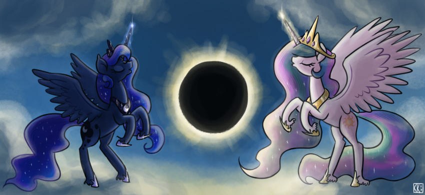 crown cutie_mark duo eclipse equid friendship_is_magic hi_res horn king-kakapo mammal my_little_pony princess_celestia_(mlp) princess_luna_(mlp) sky tiara unicorn