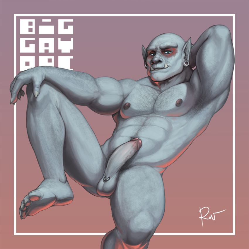 1:1 2018 5_toes abs arm_hair armpit_hair balls barefoot biceps biped blue_eyes body_hair chest_hair claws digital_media_(artwork) ear_piercing enoch_kersey erection fangs feet gauged_ear genital_piercing glans gradient_background grey_balls grey_claws grey_glans grey_nipples grey_penis hairy hand_behind_head hand_on_knee hi_res humanoid humanoid_penis leg_hair looking_at_viewer lorum_piercing male muscular muscular_male nipples not_furry nude orc pecs penis piercing pinup pointy_ears pose reclining rov signature simple_background solo toe_claws toes