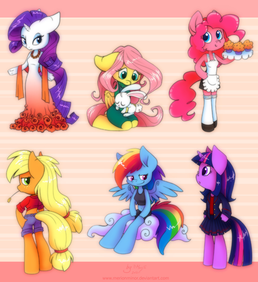 2012 anthro anthrofied applejack_(mlp) apron blonde_hair bottomwear bra chibi clothing cloud dress earth_pony equid equine female fluttershy_(mlp) food freckles friendship_is_magic group hair hand_on_hip hi_res holding_character holding_object horn horse lagomorph leporid looking_at_viewer looking_back mammal merionminor midriff muffin multicolored_hair my_little_pony navel pink_hair pinkie_pie_(mlp) pony pterippus purple_hair rabbit rainbow_dash_(mlp) rainbow_hair rarity_(mlp) rear_view shirt shorts simple_background sitting skirt sports_bra standing sweater topwear twilight_sparkle_(mlp) underwear unicorn