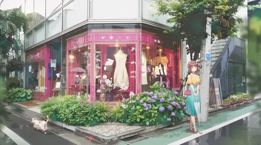 animal brown_eyes brown_hair building cat domotolain dress flowers leaves original reflection short_hair skirt stairs tree umbrella