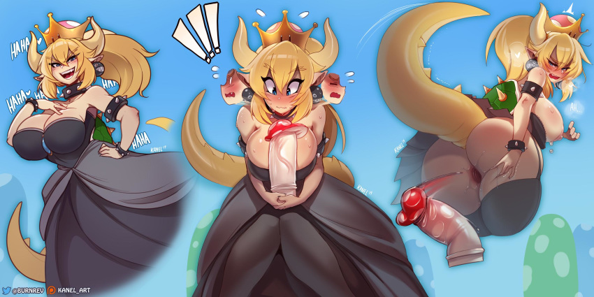 1girl after_anal anus ass black_dress black_legwear blonde_hair blue_background blue_eyes blush bowsette bracelet breasts chain_chomp choker dress eyebrows_visible_through_hair fangs garter_straps highres jewelry kanel large_breasts laughing looking_at_viewer looking_back mario_(series) mushroom new_super_mario_bros._u_deluxe nintendo nipples phallic_symbol pointy_ears spiked_armlet spiked_bracelet spiked_choker spiked_shell spikes strapless strapless_dress super_crown tail thighhighs v-shaped_eyebrows