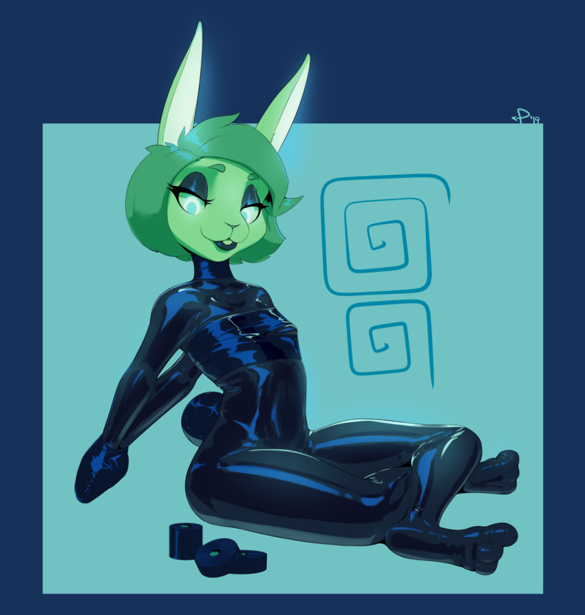 bdsm bodysuit bondage bound clothing female flat_chested hi_res lagomorph leporid mammal poiuytrew rabbit rubber sitting skinsuit solo tape tight_clothing