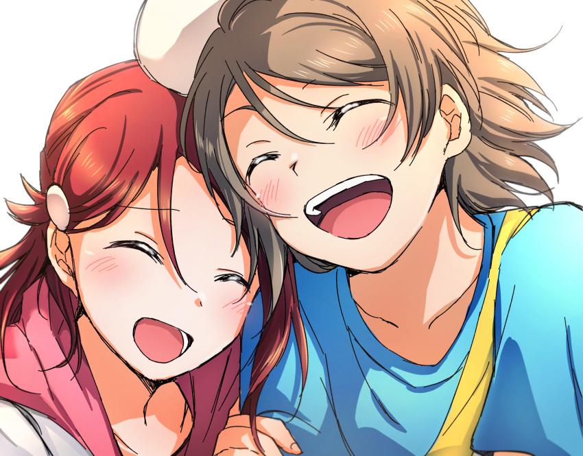 2girls :d ^_^ blue_shirt blush closed_eyes eyes_closed grey_hair hair_between_eyes hair_ornament hairclip half_updo hand_on_another's_arm hat head_on_shoulder highres long_hair love_live! love_live!_sunshine!! multiple_girls open_mouth red_hair sakurauchi_riko shirt short_hair simple_background smile upper_body watanabe_you white_background yuchi_(salmon-1000) yuri