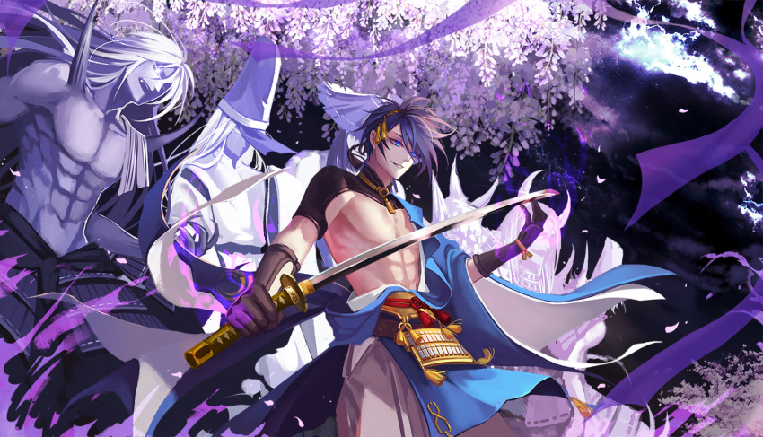 5boys ana_bi armor bare_chest black_gloves blue_eyes blue_hair character_request commentary_request flower gloves hairband hat holding holding_sword holding_weapon japanese_clothes long_hair male_focus mikazuki_munechika multiple_boys purple_flower purple_theme smile sword tassel touken_ranbu weapon wisteria