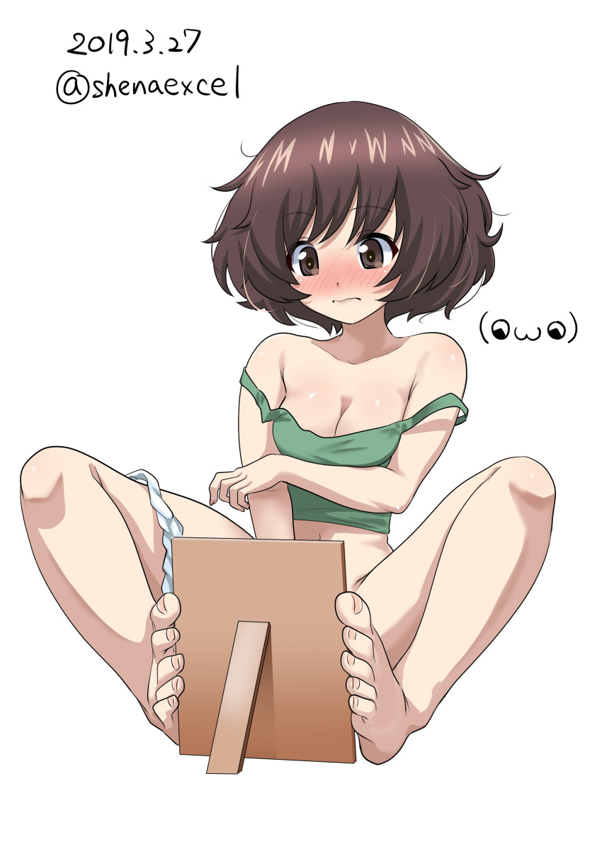 1girl absurdres akiyama_yukari artist_logo bangs bare_shoulders barefoot blush breasts brown_eyes brown_hair cleavage closed_mouth commentary dated excel_(shena) eyebrows_visible_through_hair frown full_body girls_und_panzer green_shirt highres isuzu_hana medium_breasts messy_hair mirror navel off_shoulder panties panties_around_leg shirt short_hair simple_background sitting solo tank_top twitter_username underwear white_background white_panties