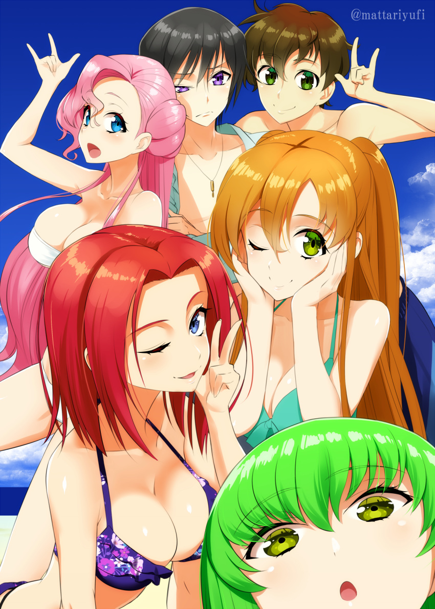 2boys 4girls bare_shoulders bikini black_hair blue_eyes breasts brown_hair c.c. cleavage code_geass euphemia_li_britannia eyebrows_visible_through_hair green_eyes green_hair highres jewelry kallen_stadtfeld kururugi_suzaku lelouch_lamperouge long_hair looking_at_viewer mattari_yufi multiple_boys multiple_girls necklace one_eye_closed open_mouth pink_hair purple_eyes red_hair shiny shiny_skin shirley_fenette short_hair smile swimsuit very_long_hair