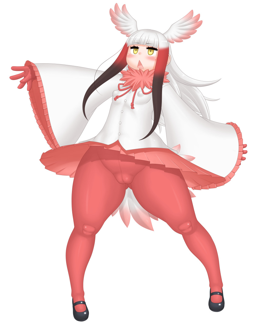 absurd_res animal_humanoid avian avian_humanoid bird black_hair blush bottomwear breasts butt_from_the_front camel_toe clothing eyebrow_through_hair eyebrows feathers female front_view fur_collar hair head_wings hi_res humanoid ibis_humanoid japanese_crested_ibis_(kemono_friends) kemono_friends legwear light_skin looking_up multicolored_feathers multicolored_hair namu_gunsou nipple_outline open_mouth pantyhose pelecaniform pelecaniform_humanoid pink_feathers pink_tongue pubic_mound red_bottomwear red_clothing red_hair red_skirt simple_background skirt small_breasts solo tail_feathers thick_thighs threskiornithid threskiornithid_humanoid tongue translucent translucent_hair white_background white_feathers white_hair wide_hips wings yellow_eyes