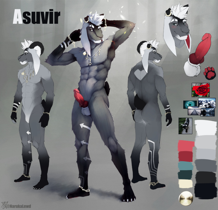 2019 abs anthro arrow asuvir_(character) athletic balls black_fur blue_eyes blush bovid caprine chain claws d20 fur goat grey_fur hair hi_res horn humanoid_penis jewelry knot looking_at_viewer male mammal markings model_sheet muscular naruka necklace palette paws pecs pen pencil_(disambiguation) pendant penis piercing red_penis simple_background small_tail snowflake star tattoo treble_clef white_fur white_hair