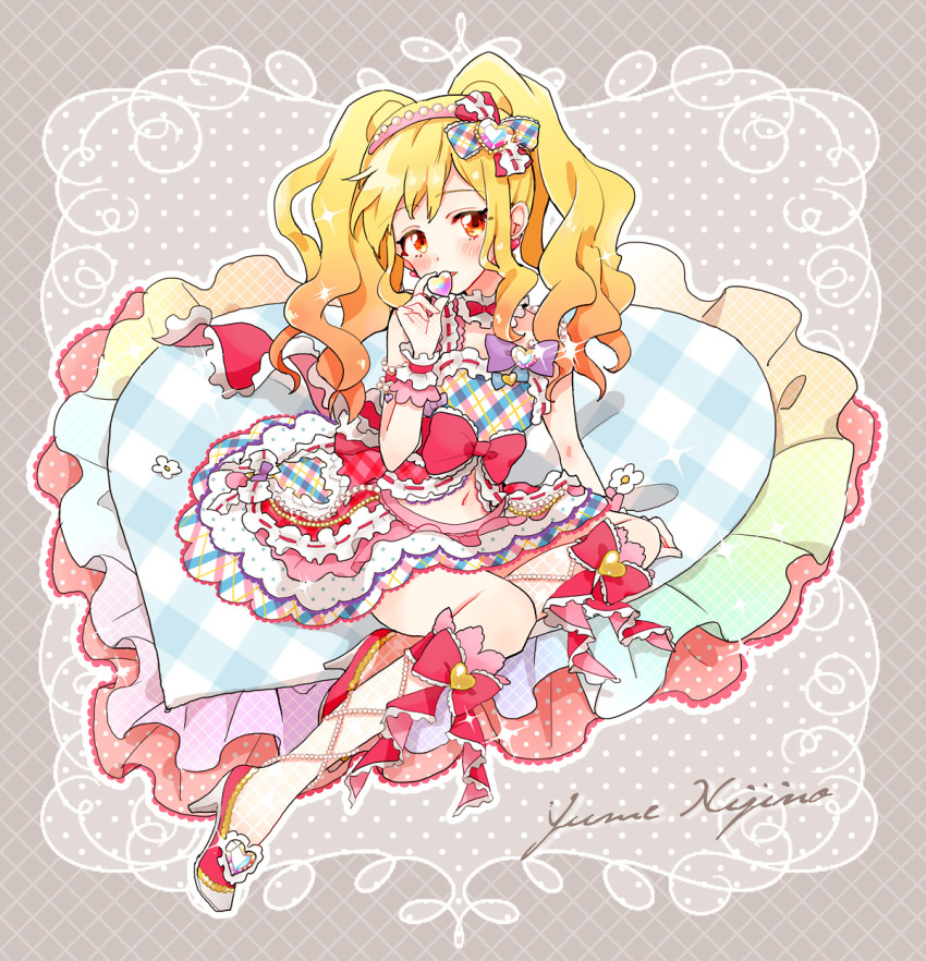 1girl aikatsu!_(series) aikatsu_stars! bare_shoulders blonde_hair blush bow brown_eyes character_name choker commentary_request earrings eyebrows_visible_through_hair frilled_choker frilled_skirt frills full_body gem gradient_hair hair_bow hairband heart heart_earrings heart_pillow high_heels highres idol jewelry kneehighs long_hair looking_at_viewer midriff multicolored_hair navel navel_cutout nijino_yume open_mouth pearl_(gemstone) pillow pink_hair popoin sitting_on_pillow skirt solo spaghetti_strap twintails wrist_cuffs