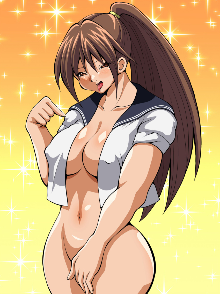 00s 1girl blush bottomless breasts brown_eyes brown_hair cleavage covering covering_crotch erect_nipples eyes_visible_through_hair gradient gradient_background half-closed_eyes highres ichigo_100_percent inabakun00 kitaooji_satsuki large_breasts long_hair looking_at_viewer navel no_bra open_mouth pointing ponytail simple_background smile solo sparkle sparkle_background standing tied_hair tongue tongue_out