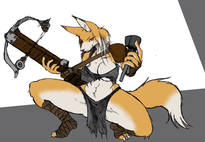 ankle_wraps anthro athletic black_clothing black_topwear bottomwear breasts canid canine cleavage clothed clothing crossbow crouching dipstick_ears dipstick_tail dora_systeel ear_tuft feda:_the_emblem_of_justice female fox front_view fur half-closed_eyes hand_wraps ketsuneko leg_wraps loincloth looking_at_viewer mammal midriff multicolored_ears multicolored_fur multicolored_tail nipple_outline ranged_weapon shoulder_pad skimpy smile solo spread_legs spreading topwear torn_bottomwear torn_clothing torn_topwear tuft two_tone_fur weapon wraps wrist_wraps