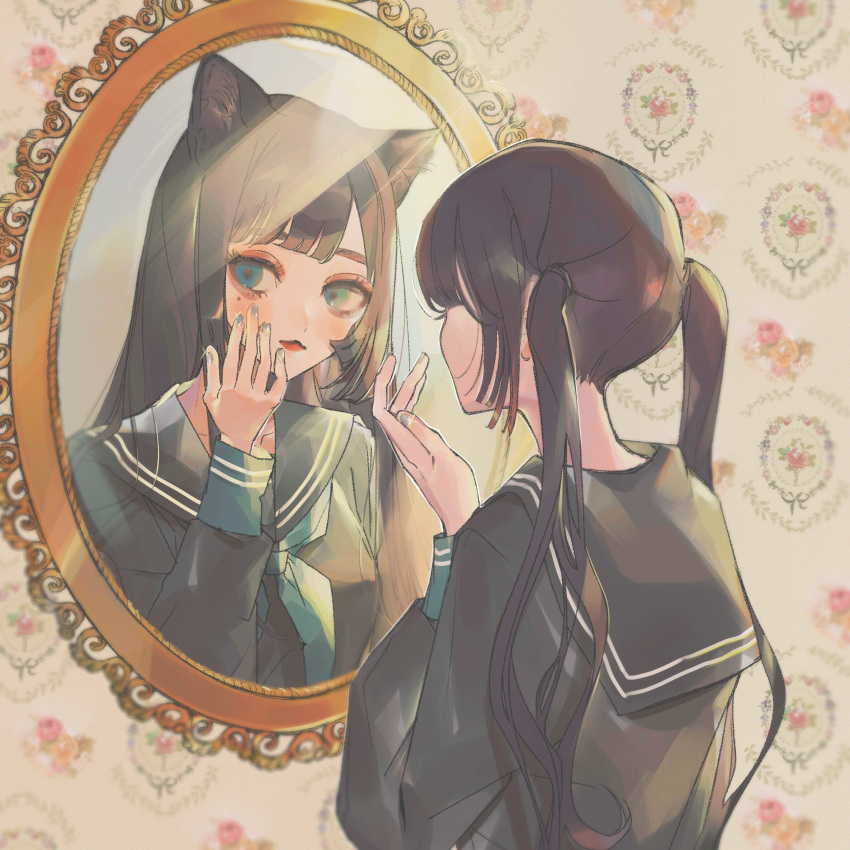 1girl animal_ears aqua_eyes aqua_nails aqua_neckwear bangs black_hair black_sailor_collar black_shirt cat_ears different_reflection hand_up highres long_hair mirror nail_polish neckerchief original piru_(exp_66) reflection sailor_collar shirt solo sparkle twintails upper_body