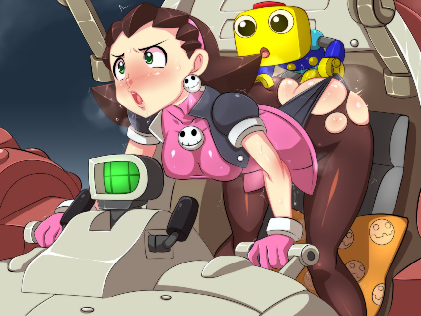 1boy 1girls ass ass_grab bent_over blush brown_hair butt capcom clothed_sex eyebrows female from_behind gloves grabbing green_eyes hair hairband highres kibazoku kobun lips lipstick male male/female mega_man_legends mouth_open multitasking pillow piloting pink_hairband pulling robot rockman rockman_dash saliva sex skull_earrings sweat tongue torn_clothes torn_legwear torn_pantyhose tron_bonne video_games