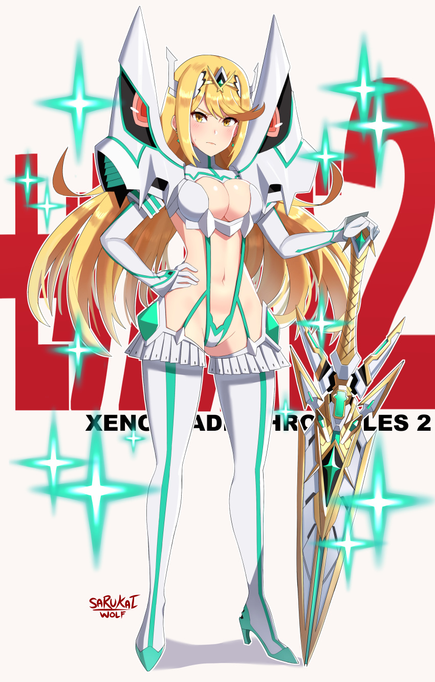 1girl absurdres armor artist_name bangs blonde_hair blush breasts cleavage cleavage_cutout clothing cosplay crossover earrings elbow_gloves gloves hair hair_ornament headpiece highres hikari_(xenoblade_2) holding holding_sword holding_weapon jewelry junketsu kill_la_kill kiryuuin_satsuki_(cosplay) large_breasts long_hair long_sleeves looking_at_viewer navel nintendo pantyhose revealing_clothes sarukaiwolf shoulder_armor skirt solo swept_bangs sword thighhighs tiara very_long_hair watermark weapon white_gloves white_legwear xenoblade_(series) xenoblade_2 yellow_eyes