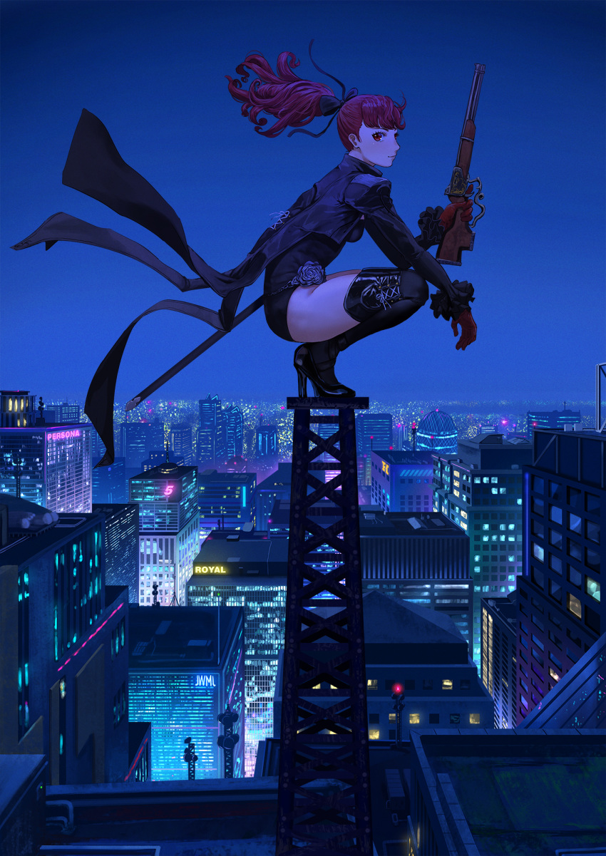 1girl antique_firearm black_bow black_legwear black_leotard bow building city coattails cropped_jacket firearm firelock flintlock frilled_sleeves frills gloves gun hair_bow high_heels highres justin_leyva_(steamy_tomato) leotard looking_at_viewer night night_sky persona persona_5 persona_5_the_royal ponytail radio_tower red_eyes red_gloves red_hair rifle rooftop scabbard sheath sky smile solo squatting thighhighs tower weapon yoshizawa_kasumi