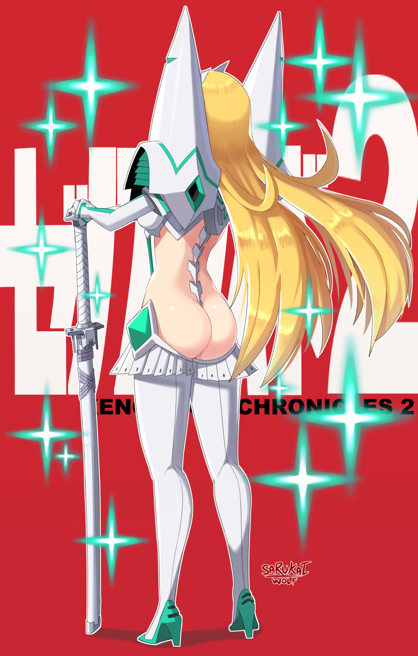 10s 1girl absurdres ass back bakuzan blonde_hair breasts butt_crack from_behind gloves headpiece highres hikari_(xenoblade_2) horns junketsu kill_la_kill large_breasts long_hair long_sleeves nintendo revealing_clothes sarukaiwolf sheath solo spikes suspenders sword thighhighs weapon white_gloves white_legwear xenoblade_(series) xenoblade_2