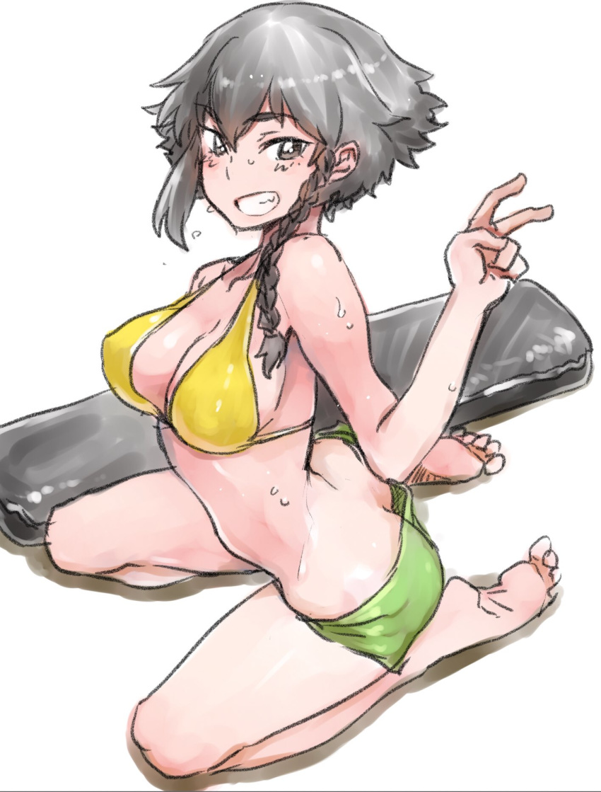 1girl abaratani_kurou ass bangs barefoot bikini bikini_shorts black_hair braid breasts brown_eyes butt_crack cleavage commentary downpants eyebrows_visible_through_hair full_body girls_und_panzer green_bikini_bottom grin highres inflatable_toy looking_at_viewer medium_breasts mismatched_bikini pepperoni_(girls_und_panzer) shadow short_hair shorts side_braid sitting smile solo sweat swimsuit v wariza wet yellow_bikini_top