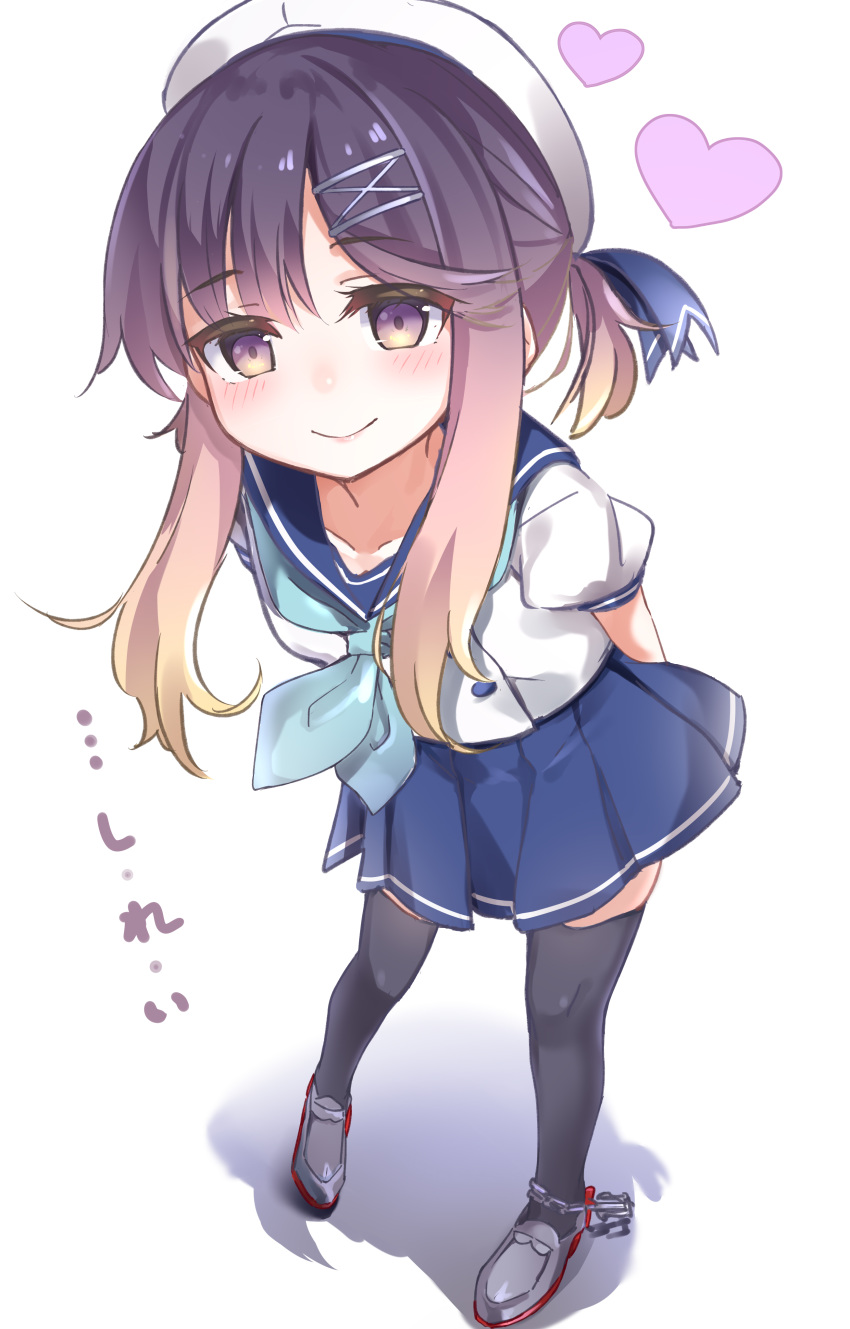 1girl absurdres arms_behind_back black_legwear blue_neckwear blue_ribbon blue_sailor_collar blue_skirt blush buttons closed_mouth eyebrows_visible_through_hair from_above full_body gedoo_(gedo) gradient_hair grey_footwear hat heart highres kantai_collection multicolored_hair neckerchief orange_hair pleated_skirt puffy_short_sleeves puffy_sleeves purple_eyes purple_hair ribbon sailor_collar sailor_hat school_uniform serafuku short_hair short_ponytail short_sleeves sidelocks skirt smile solo thighhighs tied_hair tsushima_(kantai_collection) white_background white_headwear