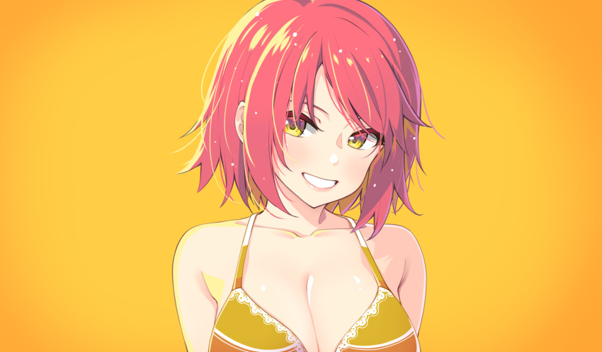 1girl :d akino_sora bare_shoulders bikini_top blush breasts cleavage collarbone commentary_request gradient gradient_background grin head_tilt highres large_breasts looking_at_viewer open_mouth orange_background orange_bikini_top original pink_hair short_hair smile solo sweat swimsuit teeth upper_body yellow_eyes