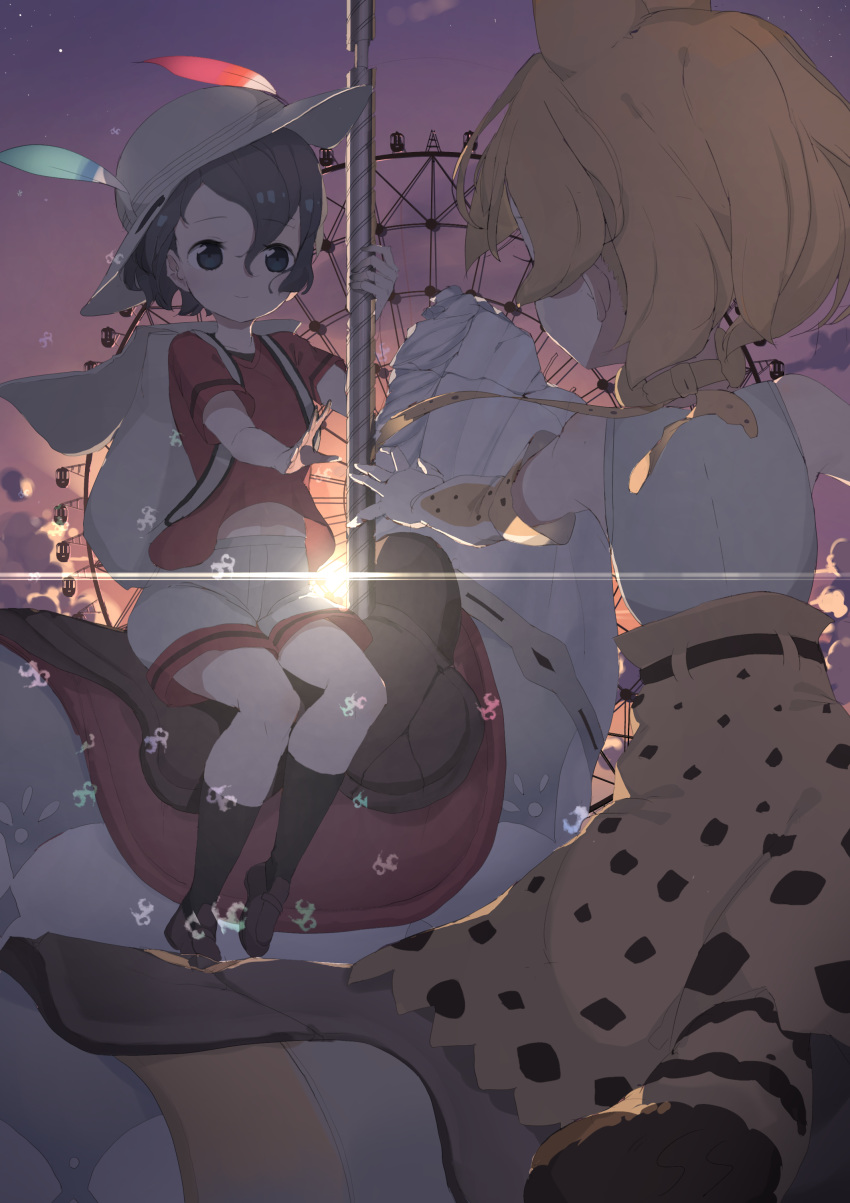 2girls absurdres animal_ears carousel commentary_request evening ferris_wheel hat highres kaban_(kemono_friends) kemono_friends lens_flare mochorinpun multiple_girls outstretched_hand sandstar serval_(kemono_friends) smile tail