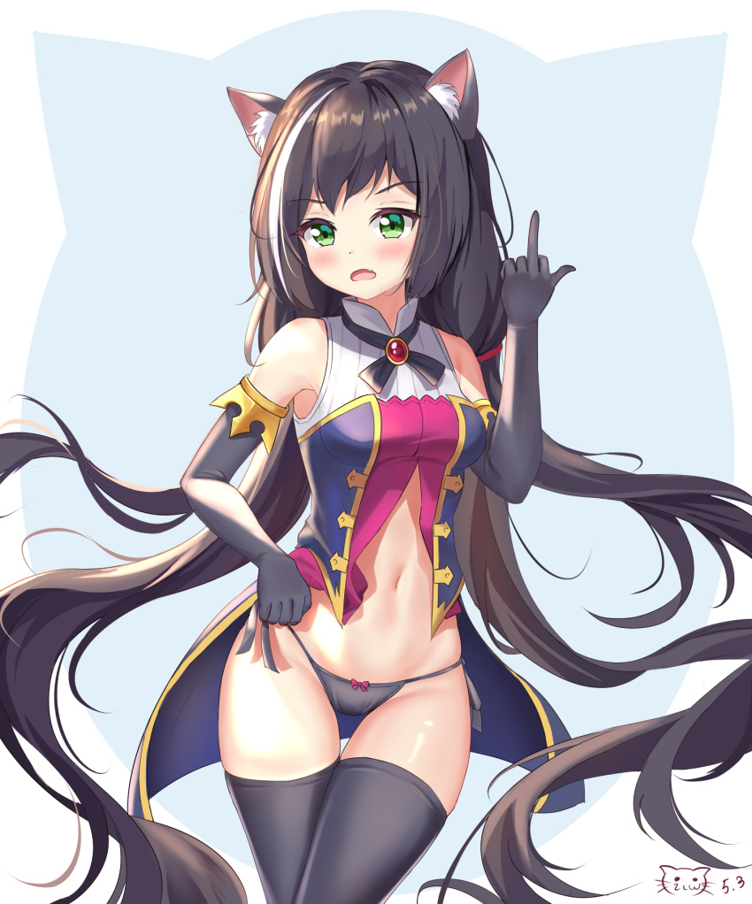 1girl aisuuwan animal_ears bare_shoulders black_gloves black_hair black_legwear black_panties blue_background blush breasts brooch cat_ears cat_girl cowboy_shot dated eyebrows_visible_through_hair fang gem gloves green_eyes highres holding jewelry kyaru_(princess_connect) long_hair looking_at_viewer low_twintails middle_finger multicolored_hair navel no_pants open_mouth panties princess_connect!_re:dive ruby_(gemstone) side-tie_panties small_breasts solo stomach thigh_gap thighhighs twintails two-tone_hair underwear untied untied_panties v-shaped_eyebrows very_long_hair white_hair