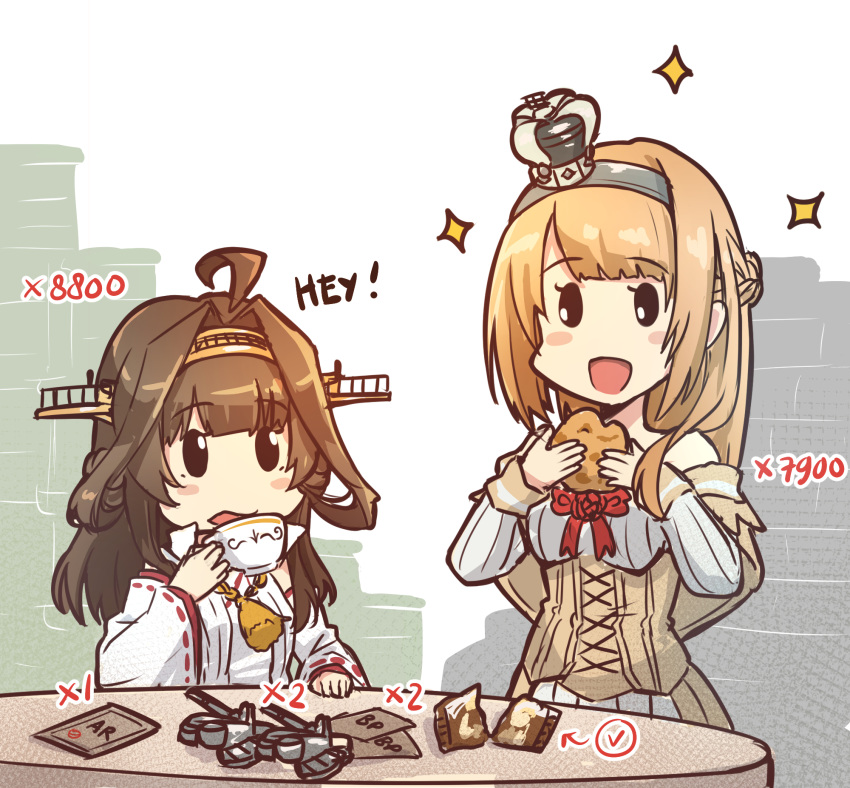 2girls ahoge bauxite blonde_hair blush_stickers braid brown_hair commentary crown cup double_bun dress drum_(container) eating edwin_(cyberdark_impacts) flower french_braid hairband headgear highres kantai_collection kongou_(kantai_collection) long_hair long_sleeves mini_crown multiple_girls off-shoulder_dress off_shoulder red_flower red_ribbon red_rose remodel_(kantai_collection) ribbon ribbon-trimmed_sleeves ribbon_trim rose simple_background solid_oval_eyes sparkle table teacup warspite_(kantai_collection) white_background white_dress